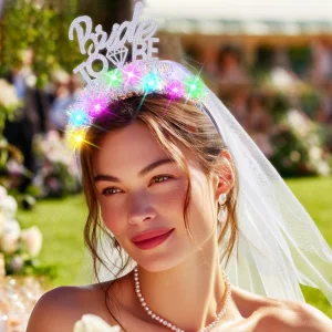 Jeairts Light Up Bride Headband Led Bachelorette Veil Bride To Be Hair Hoop Glitter Wedding Veil Headpiece Bachelorette Party Hair Accessories For Wo