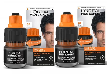 LOreal Paris Men Expert One Twist Mess Free Permanent Hair Color, Mens Hair Dye to Cover Grays, Easy Mix Ammonia Free Application, Real Black 02, 2