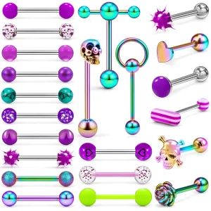 Leiainely 14g 14 Gauge Rainbow Purple Metal Plastic Acrylic Silicone Tongue Rings Balls Piercing Jewelry for Women Men Surgical Stainless Steel