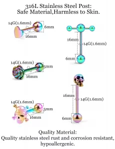 Leiainely 14g 14 Gauge Rainbow Purple Metal Plastic Acrylic Silicone Tongue Rings Balls Piercing Jewelry for Women Men Surgical Stainless Steel