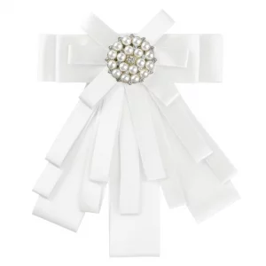 Allegra K Womens Pre-tied Bowknot Beads Bow Tie Elegant Large Ribbon Brooch One Size White