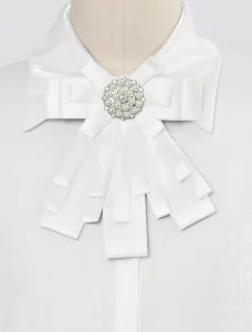 Allegra K Womens Pre-tied Bowknot Beads Bow Tie Elegant Large Ribbon Brooch One Size White