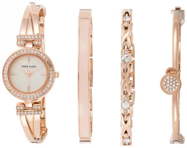 Anne Klein Womens Premium Crystal Accented Rose Gold-Tone Bangle Watch and Bracelet Set