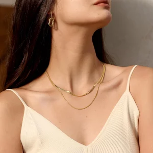 CHESKY Layered Necklace for Women, Double Layer Snake Chain Necklace 14k Gold Plated Layering Herringbone Necklace Gold Chunky Thick Chain Choker Nec