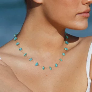 LADYGD Created Turquoise Necklace for Women 14K Gold Plated Irregular Choker Boho Necklaces Handmade Beach Summer Everyday Gold Jewelry Gifts