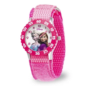 Disney Frozen Analog Watch, Time Teacher for Kids and Toddlers, Pink Bezel Nylon Strap Watch