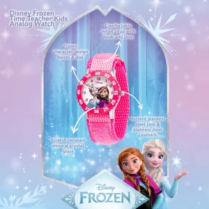 Disney Frozen Analog Watch, Time Teacher for Kids and Toddlers, Pink Bezel Nylon Strap Watch