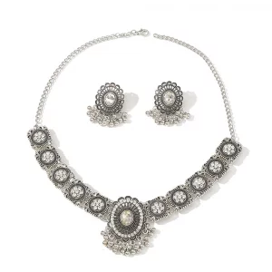 Vintage Austrian Crystal Kundan Necklace Earrings Jewelry Set for Women Bride Indian Traditional Bollywood Statement Choker Punk Pendent Necklaces St