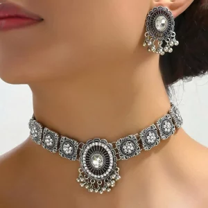 Vintage Austrian Crystal Kundan Necklace Earrings Jewelry Set for Women Bride Indian Traditional Bollywood Statement Choker Punk Pendent Necklaces St