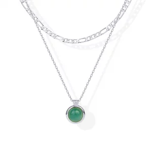 PAVOI Rhodium Plated Layered Necklaces for Women Green Aventurine Gemstone Pendant Figaro Chain Necklace Layering Necklace