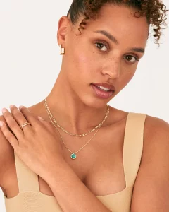 PAVOI Rhodium Plated Layered Necklaces for Women Green Aventurine Gemstone Pendant Figaro Chain Necklace Layering Necklace