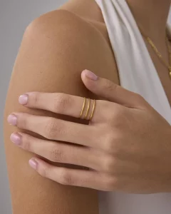 PAVOI 14K Yellow Gold Plated 3 Ring Set for Women Stackable Thin Rings Set Size 9