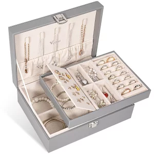 Voova Jewelry Box Organizer for Women Girls, 2 Layer Large Men Storage Case, PU Leather Display Jewellery Holder with Removable Tray for Necklace Ear