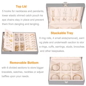 Voova Jewelry Box Organizer for Women Girls, 2 Layer Large Men Storage Case, PU Leather Display Jewellery Holder with Removable Tray for Necklace Ear