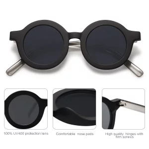 SOJOS Vintage Round Sunglasses, Matte Black, UV400 Protection, 38mm Lens, 10mm Nose Bridge, 128mm Temple Length, 125mm Frame Width, Unisex