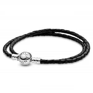 PANDORA Moments Double Woven Leather Bracelet with Sterling Silver Clasp - Compatible Moments Charms - Charm Bracelet for Women - Gift for Her - Blac