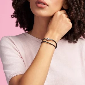 PANDORA Moments Double Woven Leather Bracelet with Sterling Silver Clasp - Compatible Moments Charms - Charm Bracelet for Women - Gift for Her - Blac