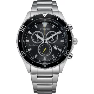 Citizen Mens Eco-Drive Weekender Chronograph Watch in Silver-tone Stainless Steel, Black Dial Model AT2387-52E