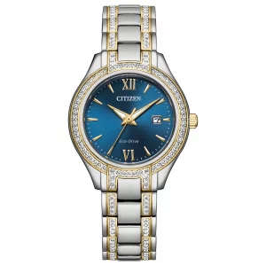 Citizen Ladies Classic Crystal Eco-Drive Two Tone Gold Stainless Steel Watch, 3-Hand Date and Blue Dial
