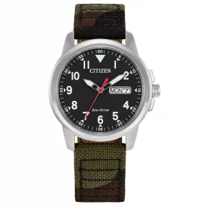 Citizen Mens Eco-Drive Weekender Garrison Field Watch in Stainless Steel with Camo Nylon strap, Black Dial Model BM8188-01E