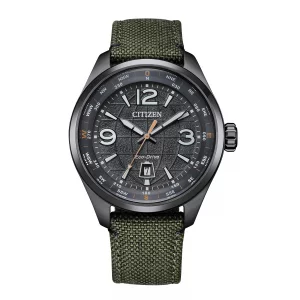 Citizen Mens Eco-Drive Weekender Sport Casual, Gray Stainless Steel Watch, Green Nylon Strap, 3 Hand, Date Model AW1837-11H