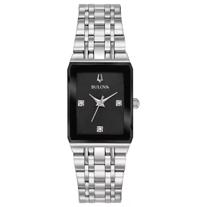 Bulova Ladies Modern Quadra Diamond Dial Stainless Steel 3-Hand Quartz Watch, Black Dial Style 96P202