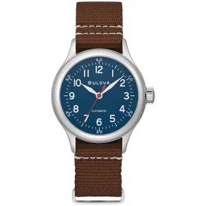Bulova Mens Military A11 Stainless Steel 3-Hand Hack Automatic Watch, Brown Leather Strap and Blue Dial Style 96A282
