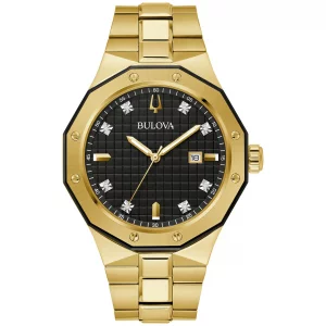 Bulova Mens Classic Gold Stainless Steel 3-Hand Date Quartz Watch with Diamonds and Black Dial, 44mm Style98D182