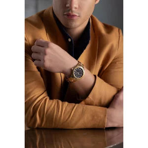 Bulova Mens Classic Gold Stainless Steel 3-Hand Date Quartz Watch with Diamonds and Black Dial, 44mm Style98D182