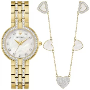Bulova-Ladies Crystal Gold-Tone Stainless Steel Box Set with White Mother-of-Pearl Dial 3-Hand Quartz-Watch and MOP Crystal Accent Hearts Pendant-Nec