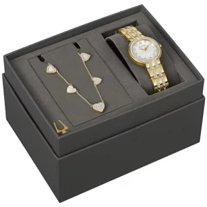 Bulova-Ladies Crystal Gold-Tone Stainless Steel Box Set with White Mother-of-Pearl Dial 3-Hand Quartz-Watch and MOP Crystal Accent Hearts Pendant-Nec