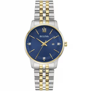 Bulova Ladies Classic 3-Hand Diamond Quartz Two Tone Stainless Steel Watch, Blue Dial Style98P233