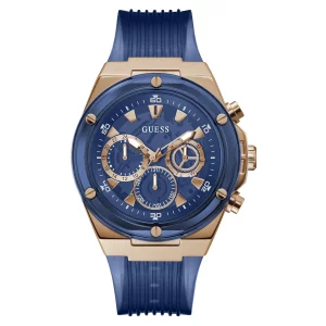 GUESS Mens Sport Multifunction 46mm Watch Blue Dial Rose Gold-Tone Stainless Steel Case with Blue Bio-Based Polyurethane Strap