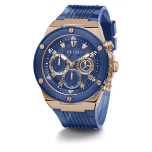 GUESS Mens Sport Multifunction 46mm Watch Blue Dial Rose Gold-Tone Stainless Steel Case with Blue Bio-Based Polyurethane Strap