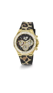 GUESS Ladies 40mm Watch - Animal Print Strap Gold Tone Case Chocolate Brown Dial