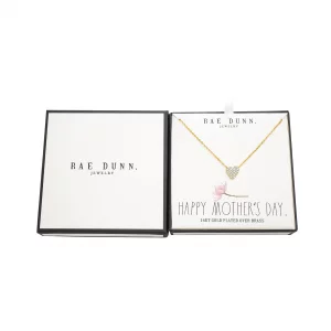 Rae Dunn Yellow Gold Plated Brass Heart Station Necklace With CZ Cubic Zirconia In Happy Mothers Day Gift Box