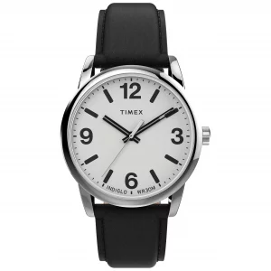 Timex Mens Easy Reader Bold 38mm Watch Silver-Tone Case White Dial with Black Leather Strap