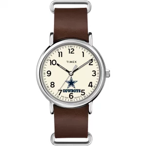 Timex Mens NFL Weekender 40mm Watch Dallas Cowboys with Brown Genuine Leather Slip-Thru Strap