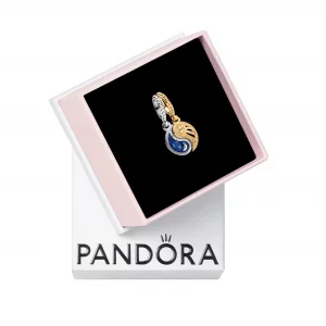 PANDORA Two-Tone Splittable Sun Moon Dangle Charm - Compatible with PANDORA Moments ME - Gift for Her - Sterling Silver 14k Gold with Blue Crystal
