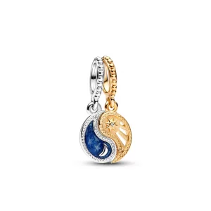 PANDORA Two-Tone Splittable Sun Moon Dangle Charm - Compatible with PANDORA Moments ME - Gift for Her - Sterling Silver 14k Gold with Blue Crystal