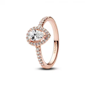 PANDORA Timeless Sparkling Pear Halo Ring - Layering or Stackable 14k Rose Gold-Plated Ring with Clear Cubic Zirconia - Gift for Her - Jewelry for Wo
