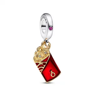 PANDORA Two-Tone Red Envelope Dangle Charm - Gift for Her - Compatible Moments - Sterling Silver, Shine Cubic Zirconia - with Gift Box