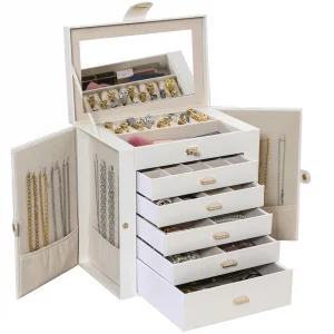 JOHN PHIL Large Jewelry Organizer6-Layer 5 Drawer Synthetic Leather Jewellery Boxes for WomenNecklace Organizer Box with Mirrored Store Earrings, Rin