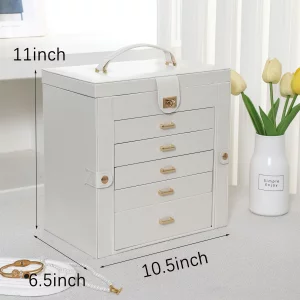 JOHN PHIL Large Jewelry Organizer6-Layer 5 Drawer Synthetic Leather Jewellery Boxes for WomenNecklace Organizer Box with Mirrored Store Earrings, Rin