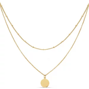 Amazon Essentials 14K Gold Plated Polished Disc and Beaded Chain 2 Row Layer Necklace, Yellow Gold
