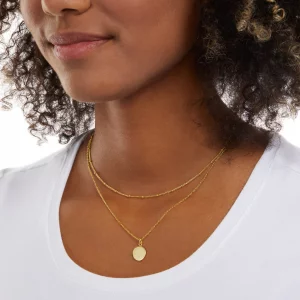 Amazon Essentials 14K Gold Plated Polished Disc and Beaded Chain 2 Row Layer Necklace, Yellow Gold