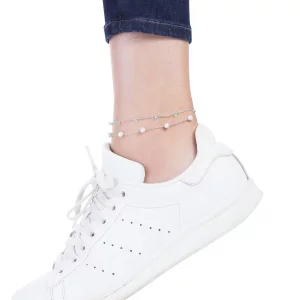 Amazon Essentials Sterling Silver Plated Pearl and Cubic Zirconia Dangle Anklet Set