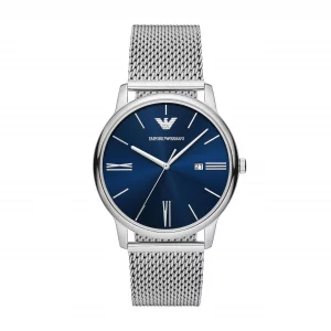 Emporio Armani Mens Three-Hand Date Silver-Tone Stainless Steel Bracelet Mesh Band Watch Model AR11571