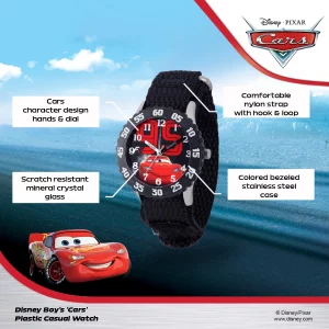 Disney Kids W001586, Cars Lightning McQueen Stainless Steel Watch, Black Nylon Band