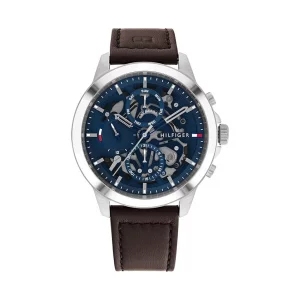 Tommy Hilfiger Mens Multifunction Stainless Steel and Leather Strap Watch, Color Blue Model 1710476